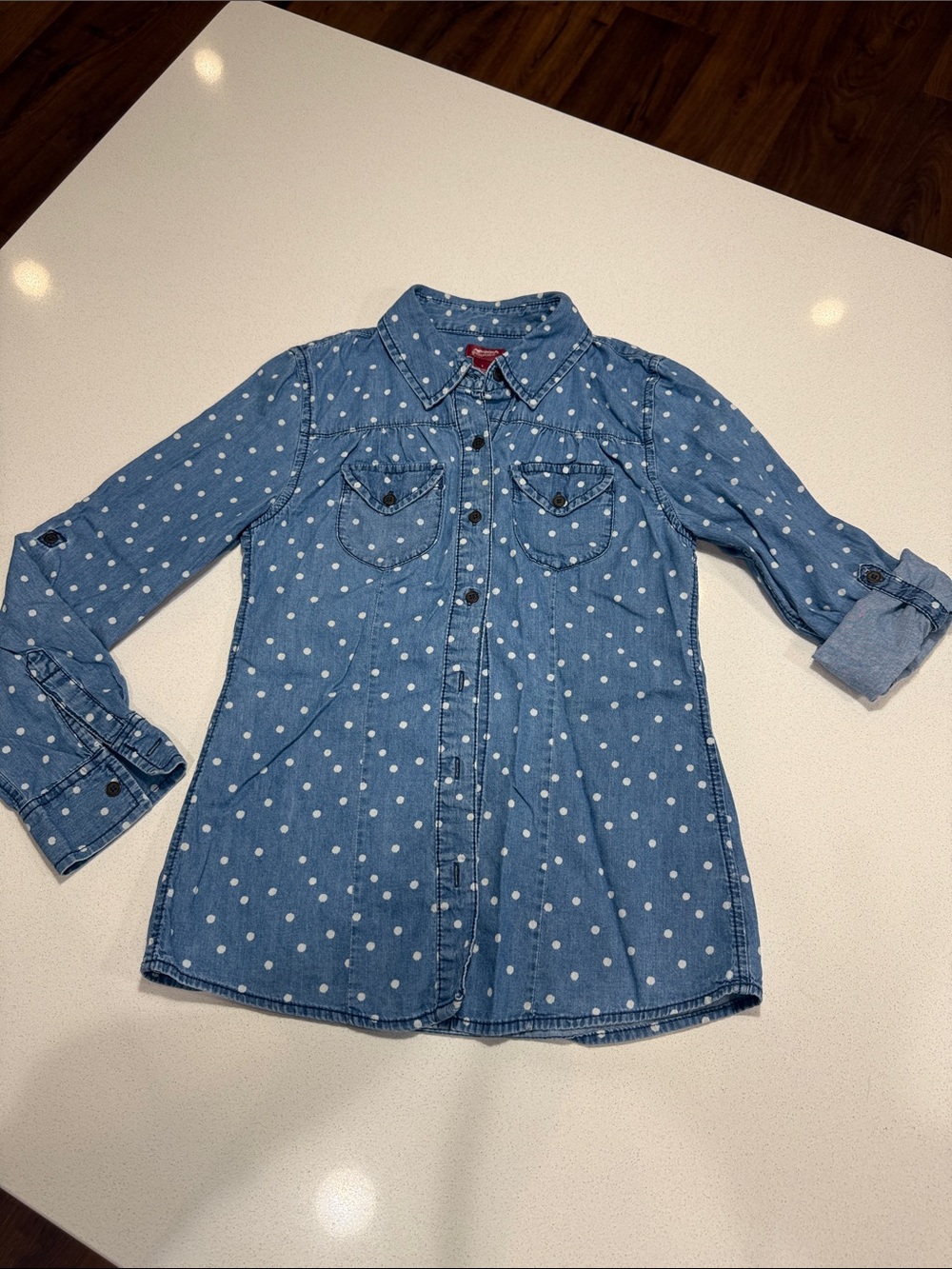 Arizona Girls' Chambray Blue Polka Dot Denim Shirt